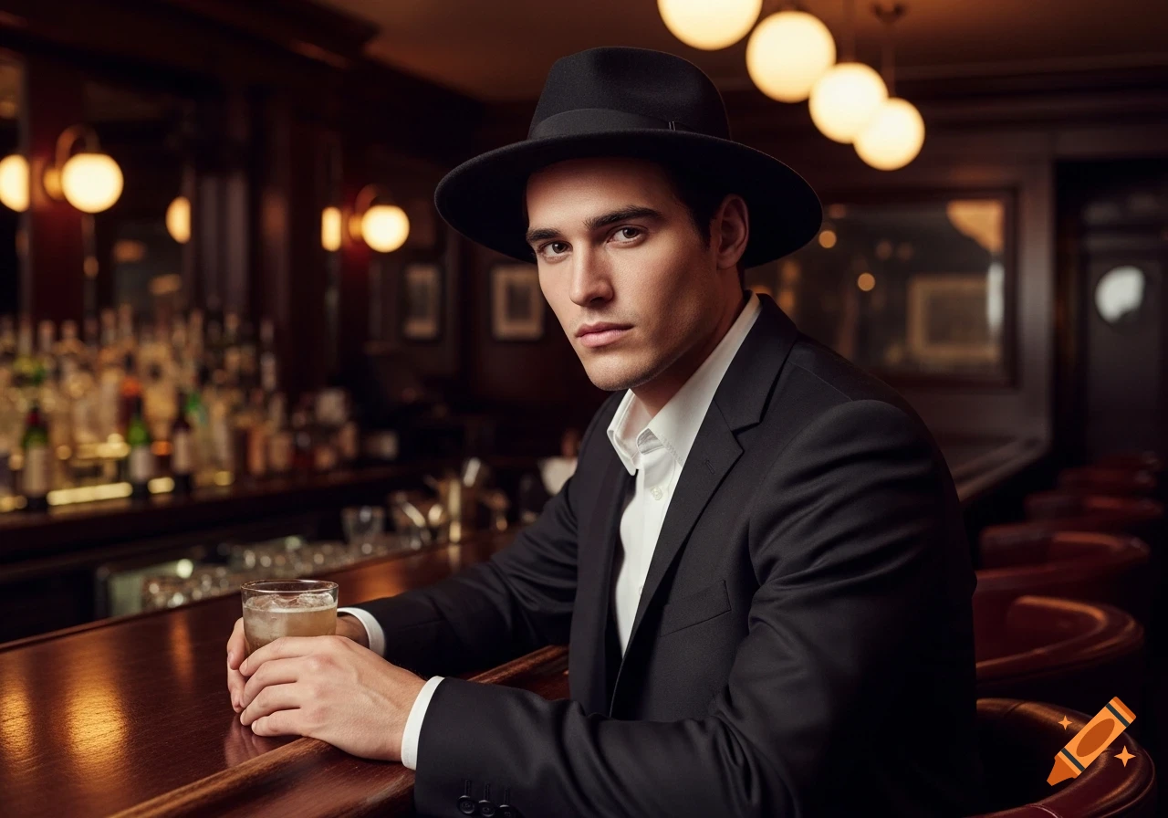 A young man in a black suit, white shirt, and fedora sits at a dimly lit bar, holding a drink.