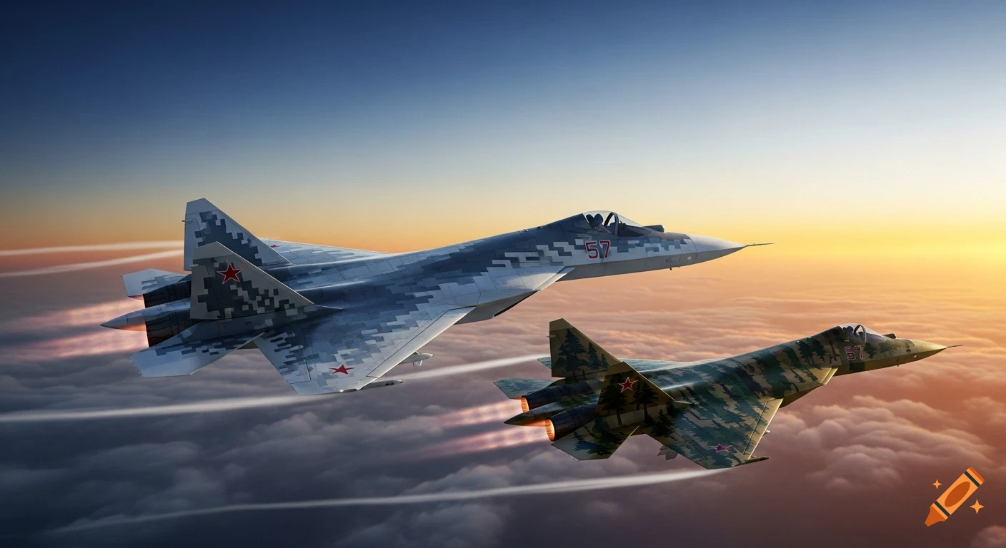 Two photorealistic Sukhoi Su-57 fighter jets in unique camouflage fly above clouds during a dramatic sunset.