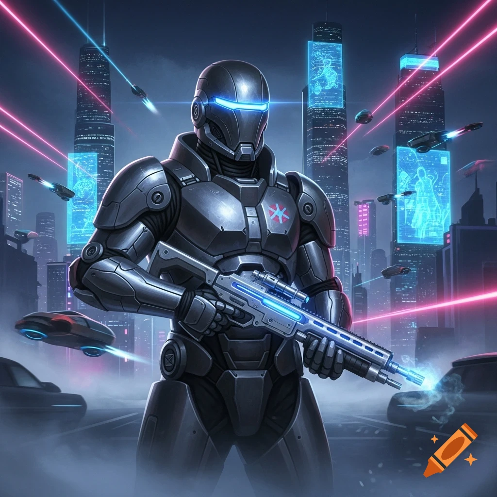 A heavily armored futuristic soldier in a dark city, holding a rifle with a glowing blue barrel. Neon lights and flying vehicles surround him.