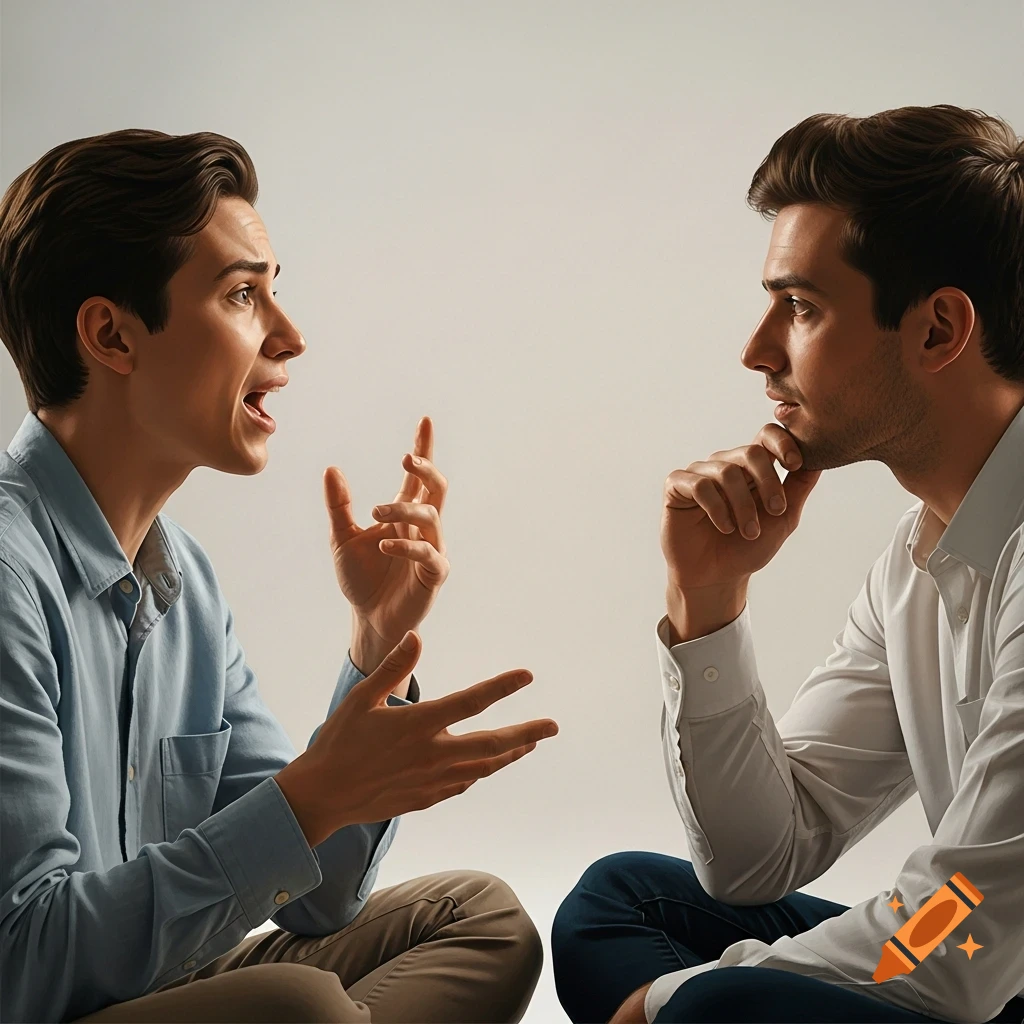 Two men sit face-to-face; one speaks animatedly, gesturing, while the other listens intently, chin in hand, in a realistic style.