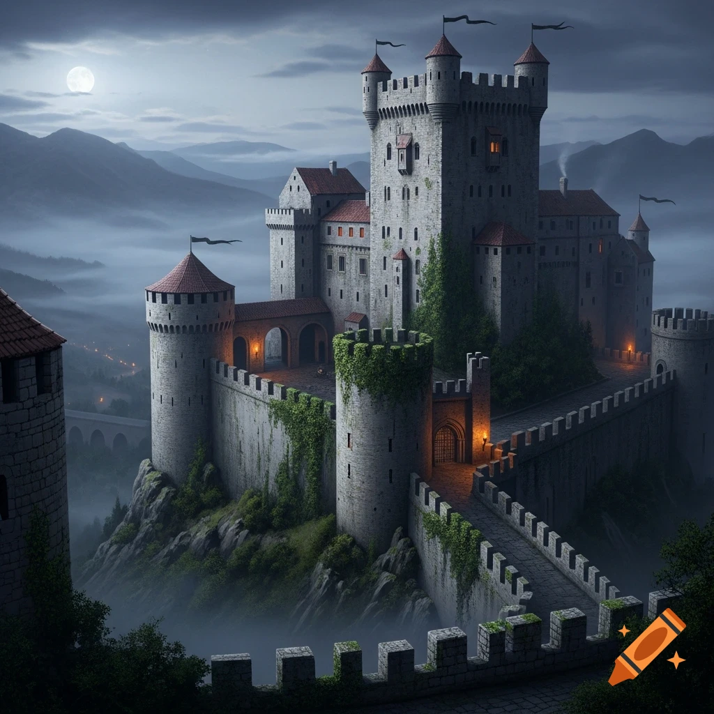A grand medieval stone castle stands on a misty mountain at night, bathed in moonlight, with distant mountains.