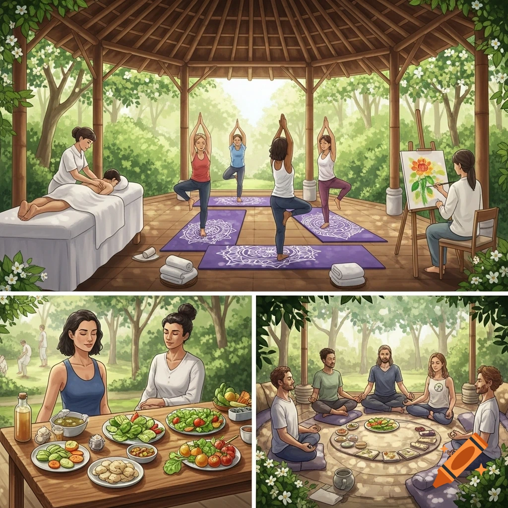 Illustrative scene of people practicing yoga, meditating, getting massages, painting, and eating healthy food at an outdoor wellness retreat.