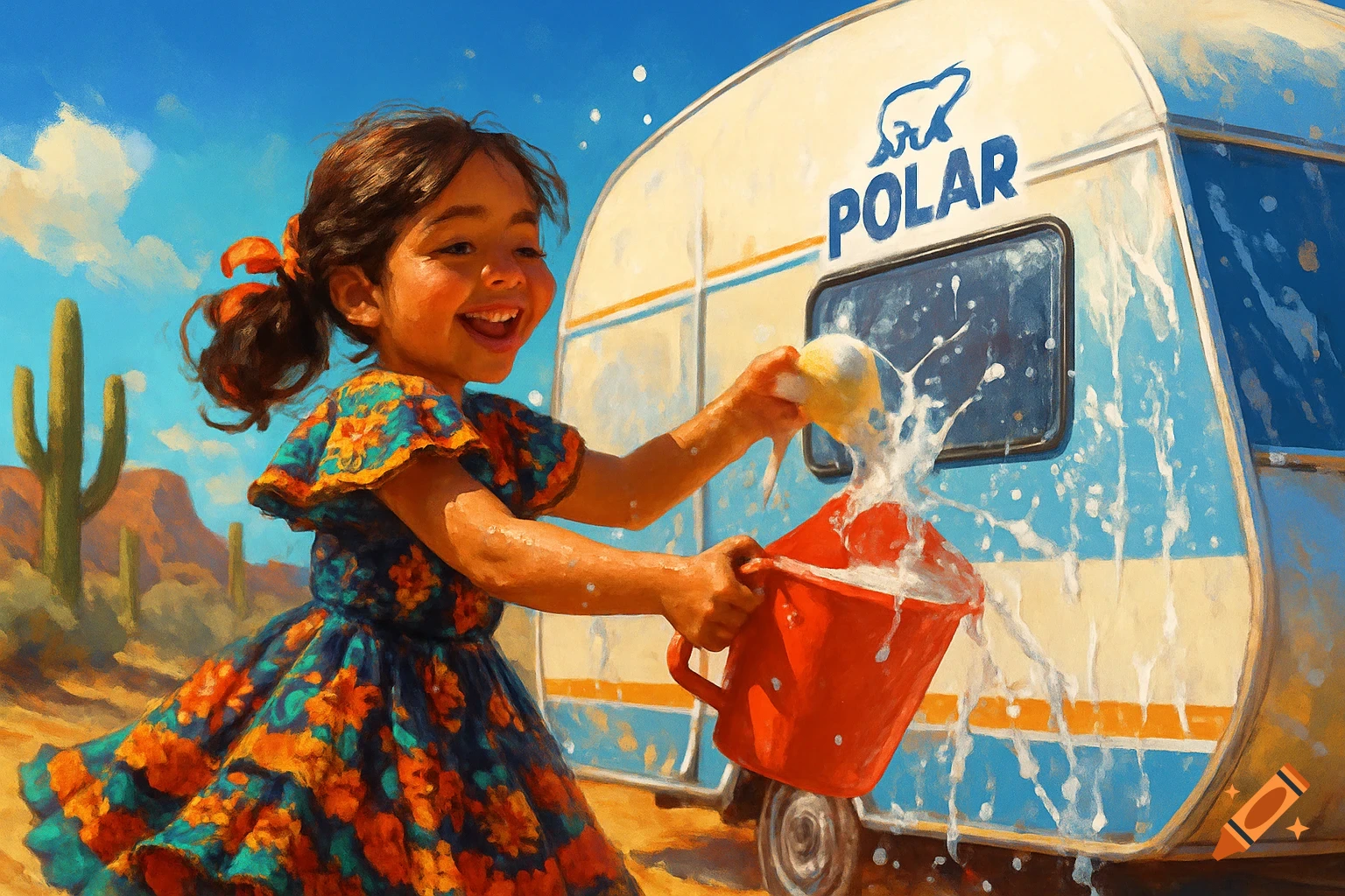 A happy girl washes a white caravan with 'POLAR' text in a desert landscape with cacti, oil painting.