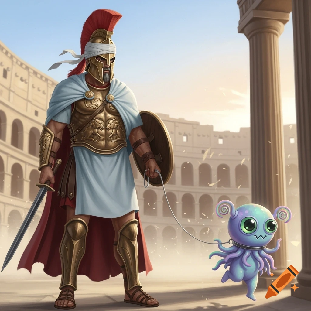 A Spartan warrior in armor and a white tunic with a bandaged head, walks a cute purple octopus creature on a leash in front of a coliseum.