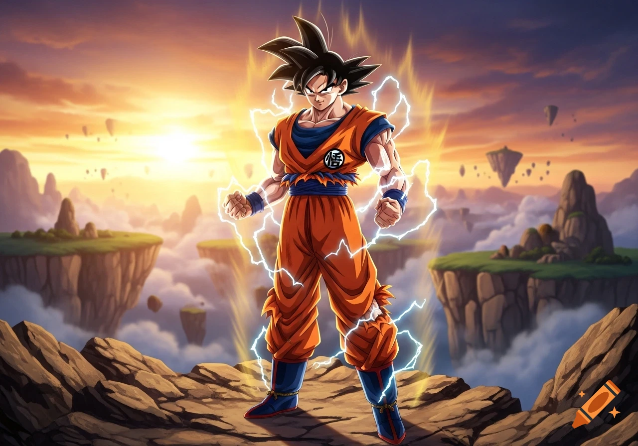 Goku from Dragon Ball Z powers up with a lightning aura on a rocky cliff overlooking floating islands at sunset.