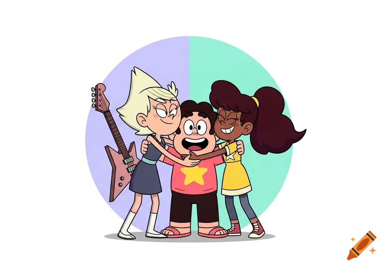 Three cartoon characters, a blonde girl with a guitar, a boy with a star shirt, and a girl with a ponytail, embrace happily.
