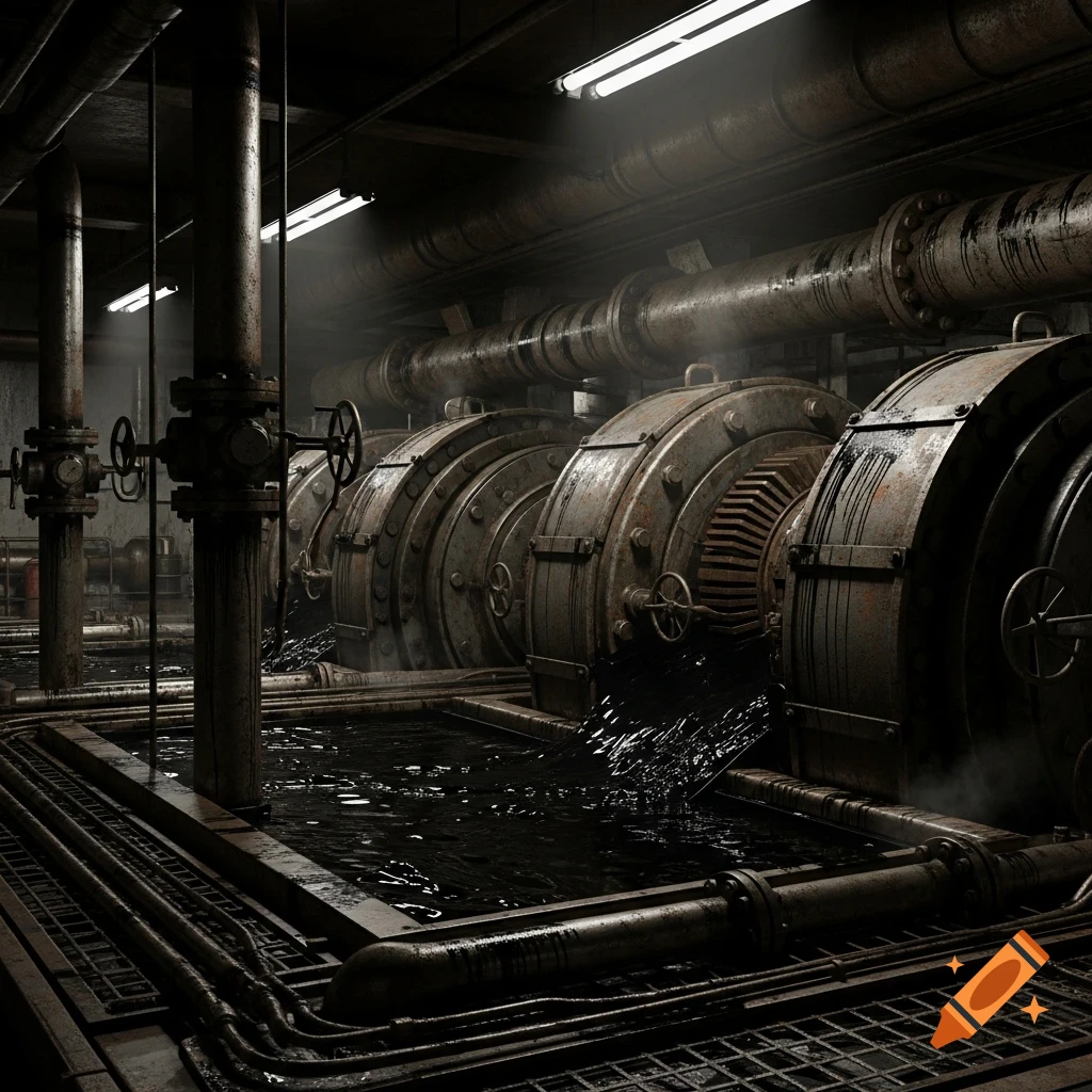 A dark, gritty industrial room with large rusty machines, pipes, and pools of black oil on the floor.