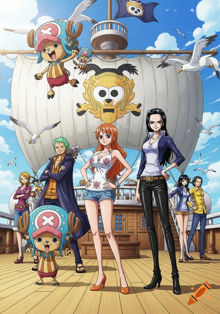 Anime illustration of One Piece characters Nami, Robin, Zoro, and Chopper on the Thousand Sunny ship.