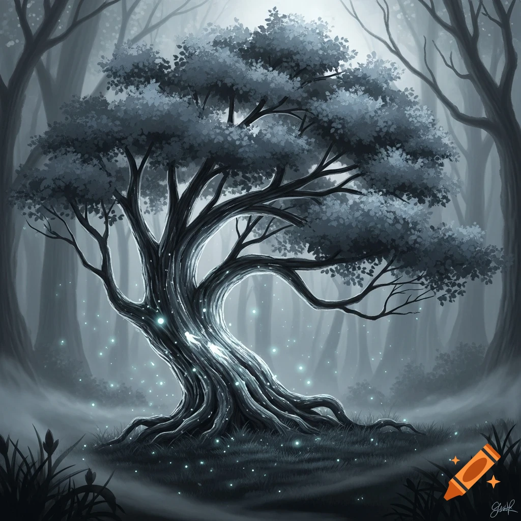 Ethereal grayscale tree glowing with light in a dark, foggy forest, digital art style.