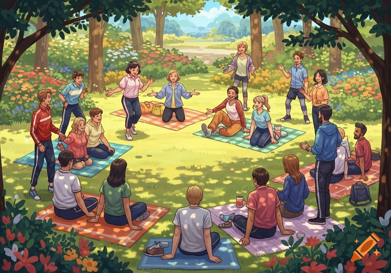 A diverse group of people gathers on picnic blankets in a sunny park with trees and colorful flowers, talking and smiling in a cartoon style.