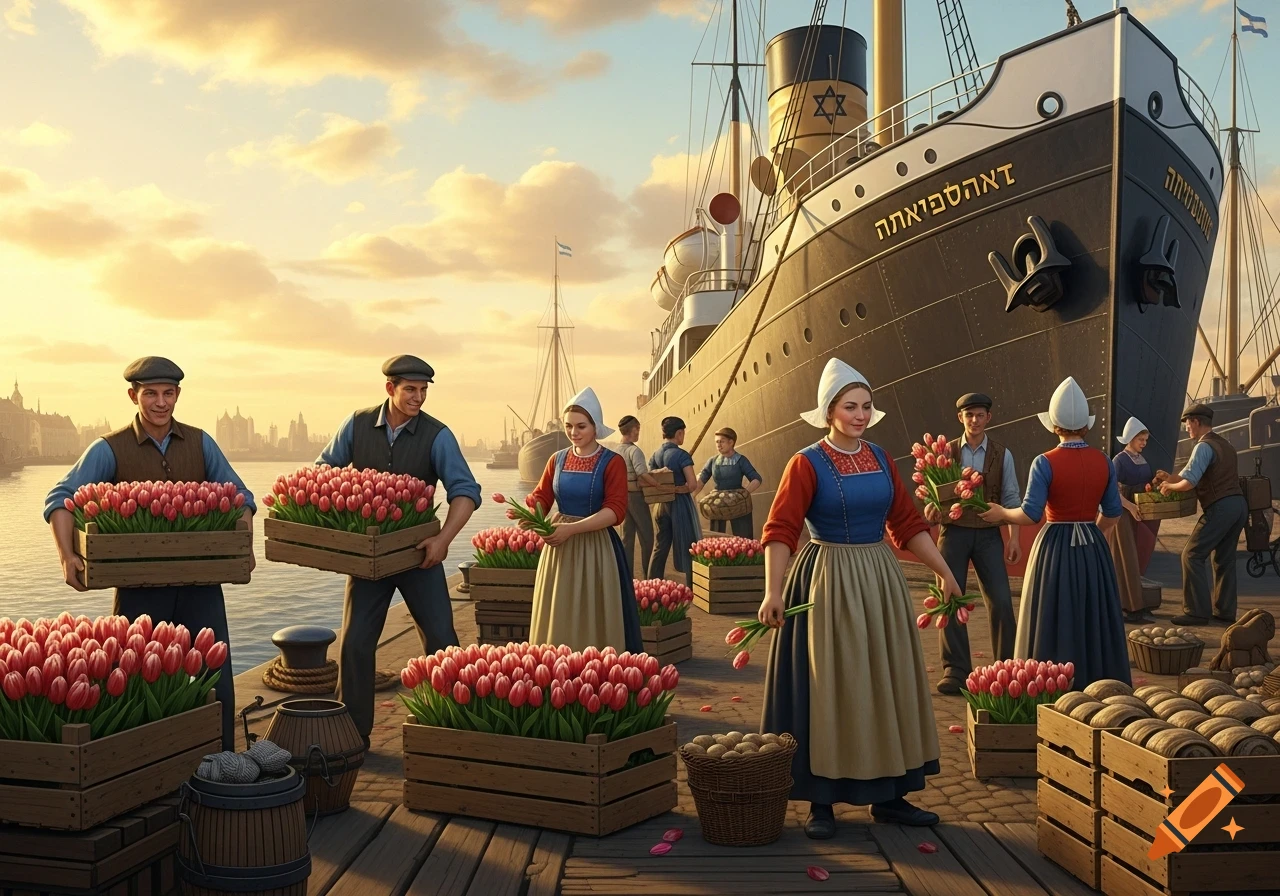People in traditional Dutch clothing carry crates of tulips on a dock next to a large ship with a Star of David on its smokestack.