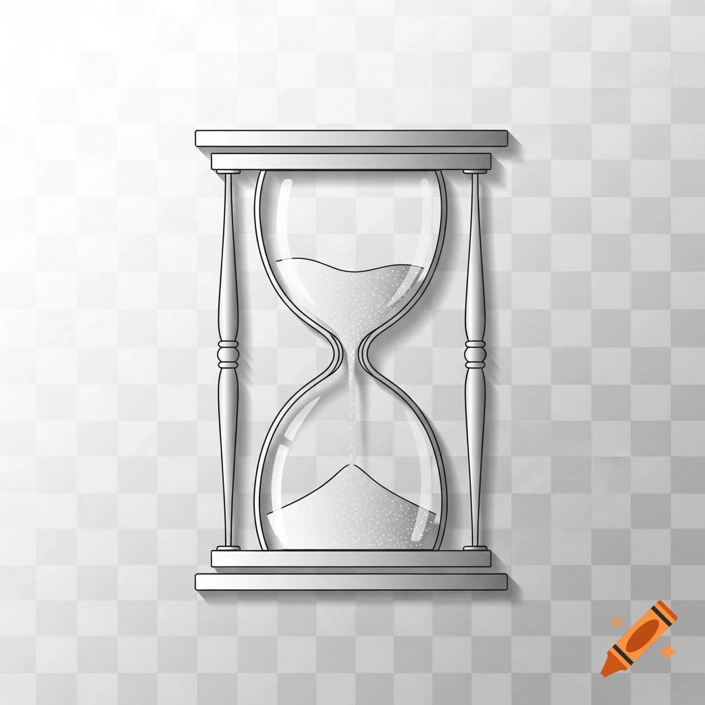 Line art icon of an hourglass with sand flowing, on a transparent background.