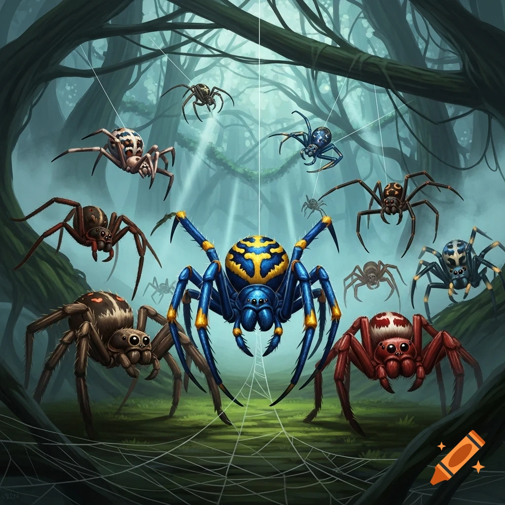 Multiple colorful, stylized spiders on webs and the forest floor, with a large blue and gold spider in the foreground and others of varying colors scattered throughout a misty forest.