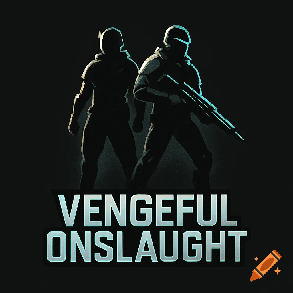 A dark logo featuring silhouettes of two armed figures with glowing outlines, above the text 'VENGEFUL ONSLAUGHT'.