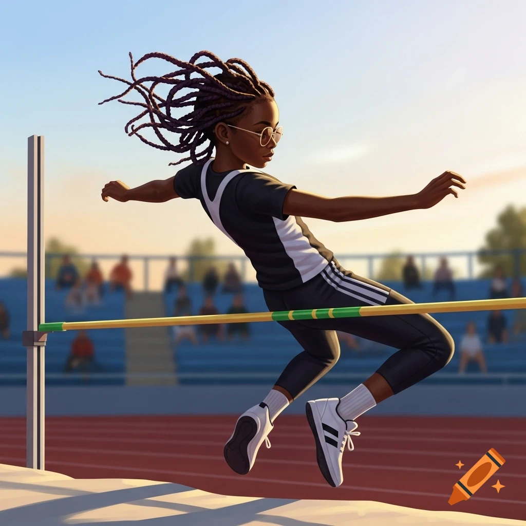 An illustration of a young Black female athlete with dreadlocks and glasses high jumping over a bar at a stadium.