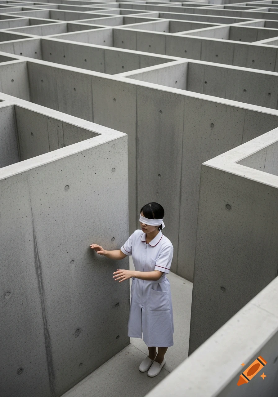 A blindfolded Japanese nurse in a white uniform feels her way through a vast concrete maze.