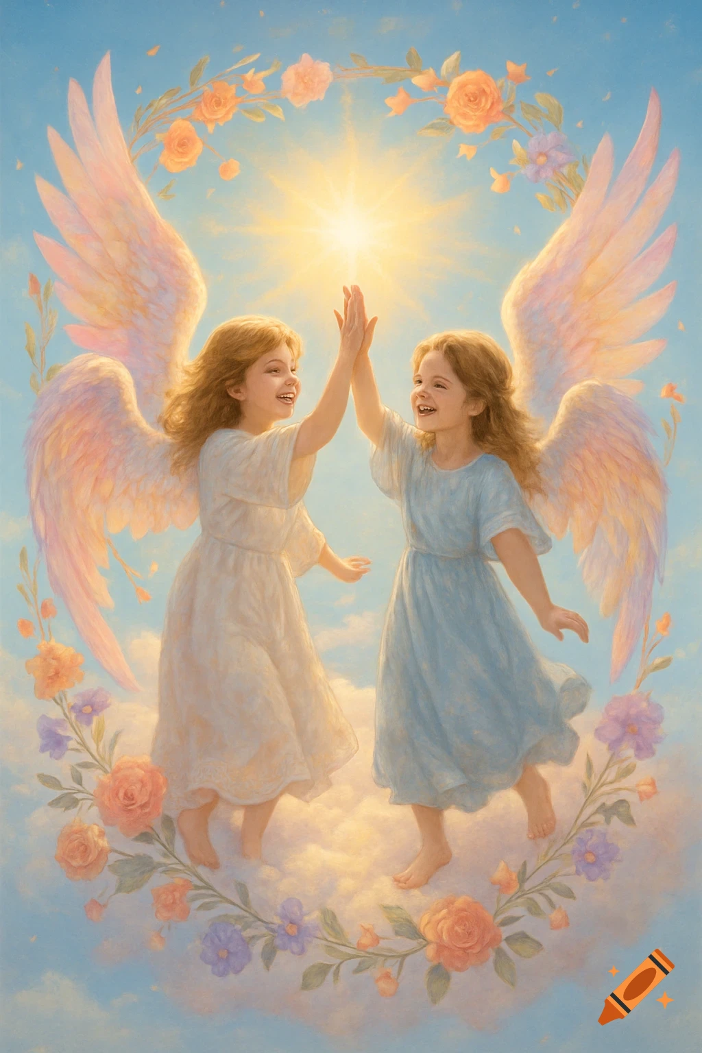 Two smiling angel girls with wings high-fiving on a cloud, framed by a wreath of flowers, against a light blue sky.