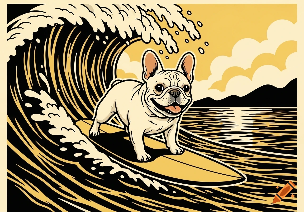 Smiling cream French bulldog surfing a wave on a surfboard, depicted in a retro illustration with a yellow, black, and cream color palette.