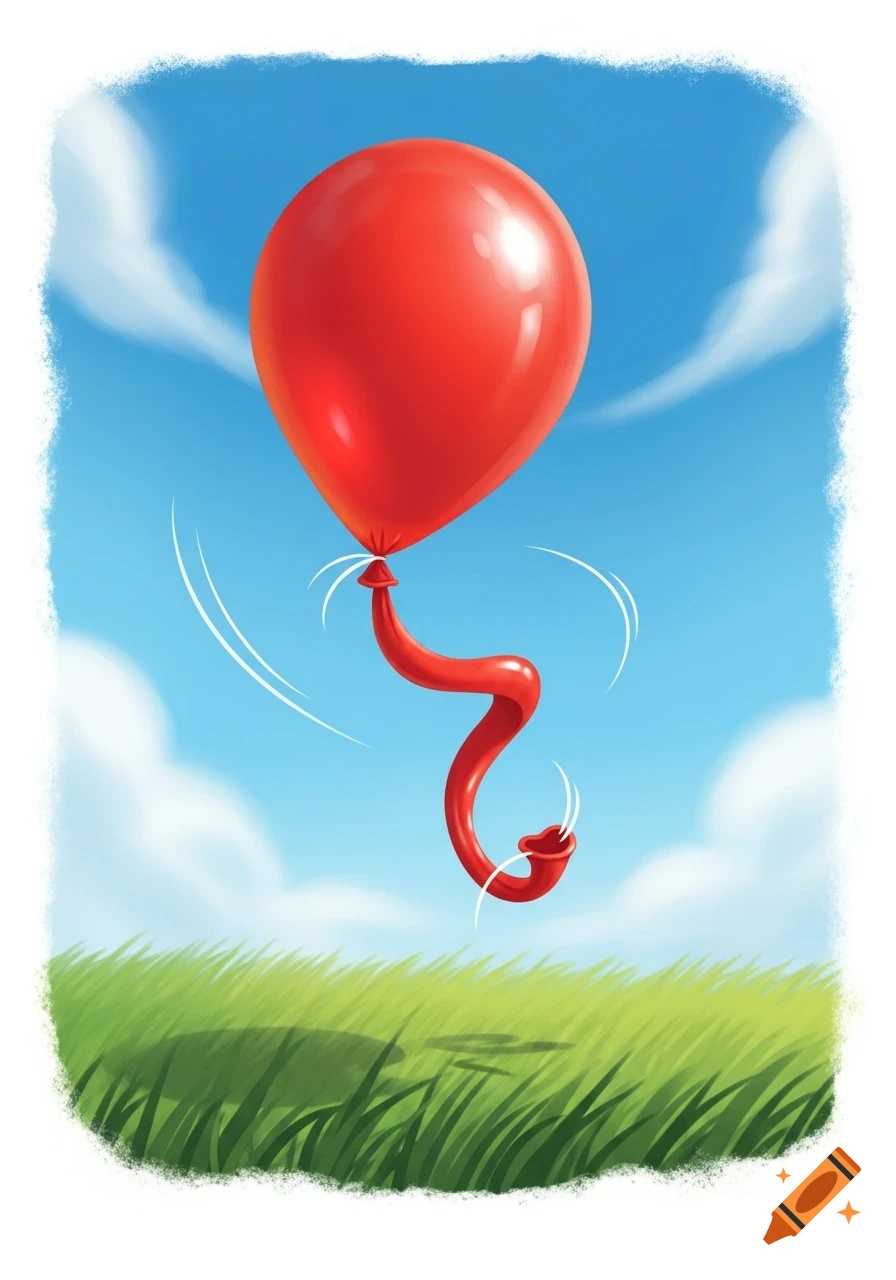 A vibrant red balloon with a twisted, deflated tail floats against a bright blue sky over green grass in an illustrated style.