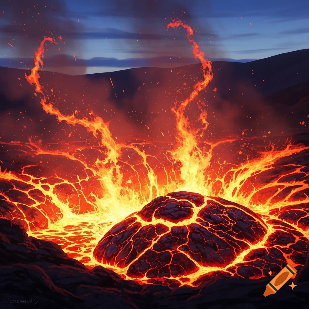 A close-up view of an intensely burning volcanic crater with roaring flames and glowing, cracked lava against a dark blue sky.