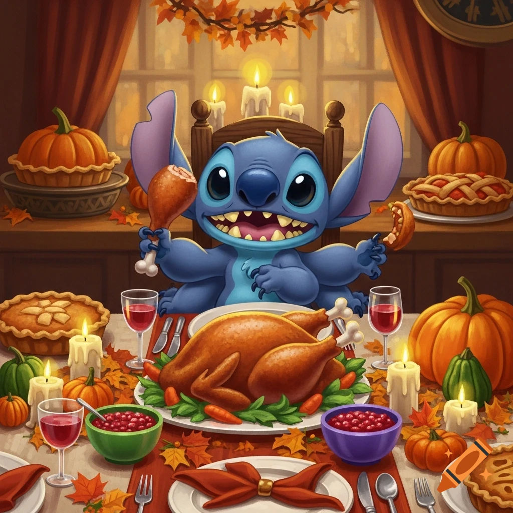 A cheerful blue cartoon alien, Stitch, sits at a Thanksgiving table laden with turkey, pies, and pumpkins, holding a turkey leg.