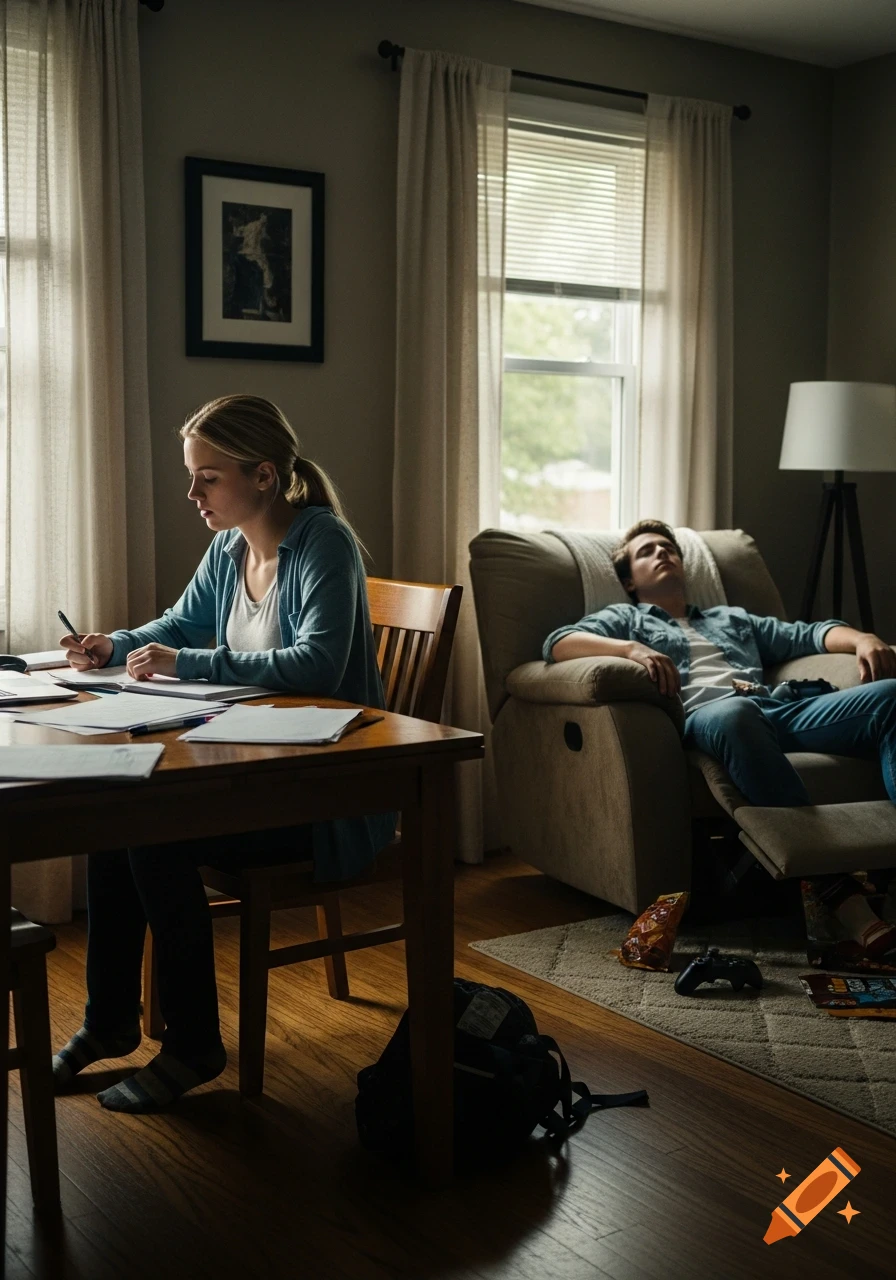 A young woman studies at a wooden table while a young man relaxes in a recliner in a dimly lit living room, photorealistic.