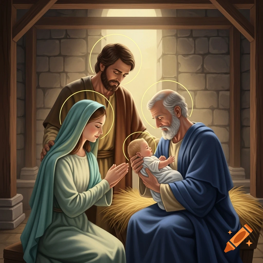 Stylized painting of Simeon holding baby Jesus, Mary kneeling in prayer, and Joseph standing, in a stable.