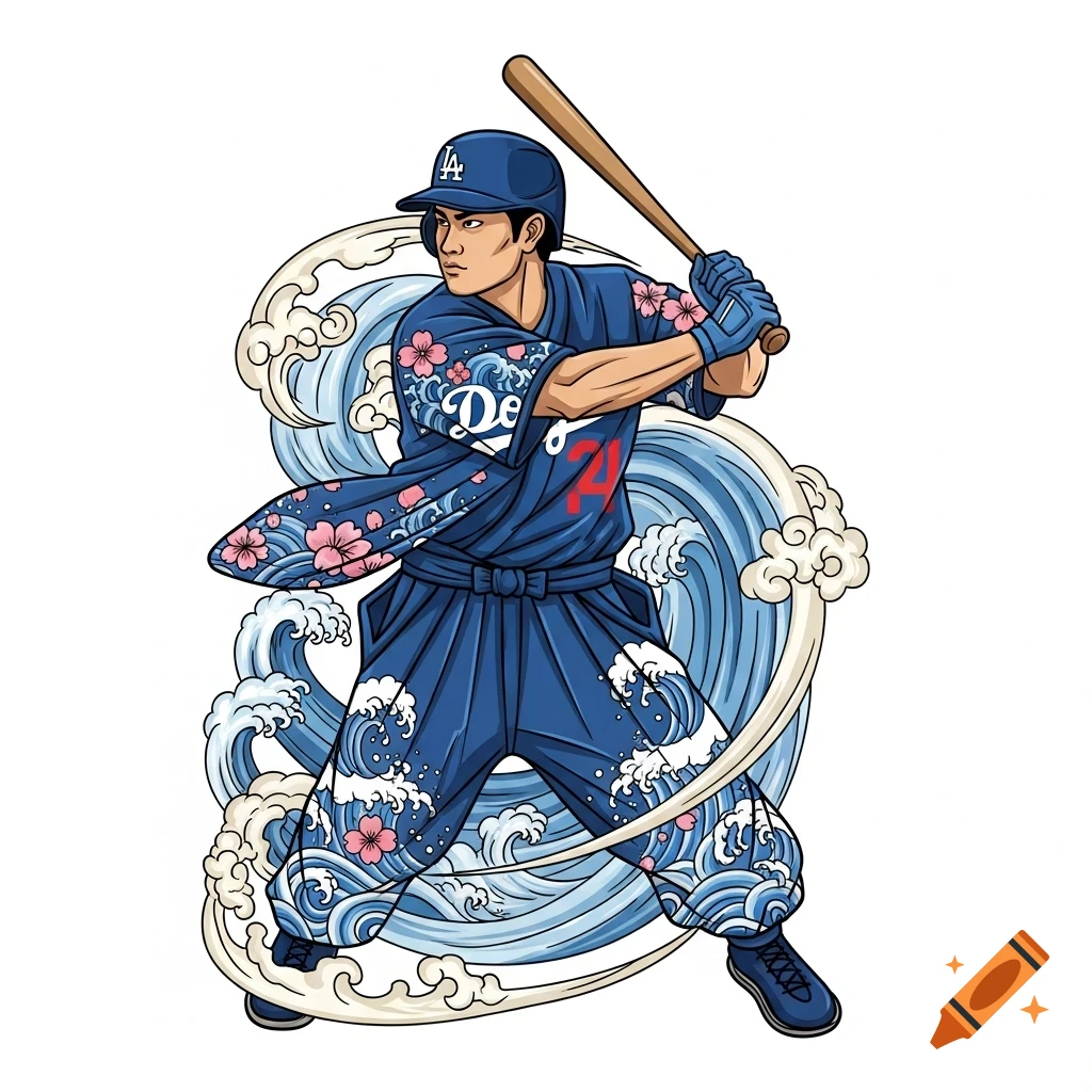 Kabuki-style Japanese baseball player in a blue Dodgers-inspired uniform with cherry blossoms and waves, swinging a bat, vector illustration.