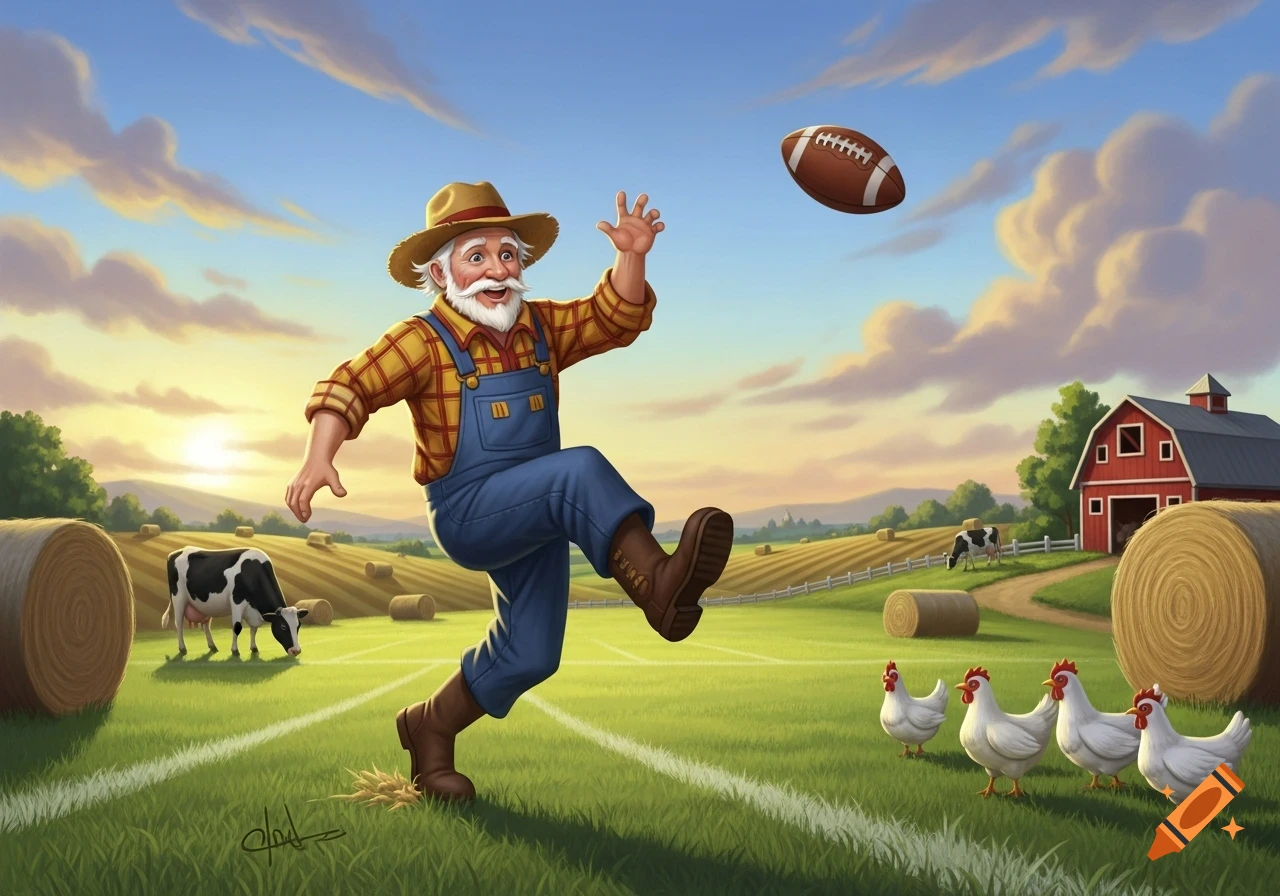 A joyful cartoon farmer in overalls kicks a football in a grassy field with a cow, chickens, hay bales, and a red barn under a sunset sky.