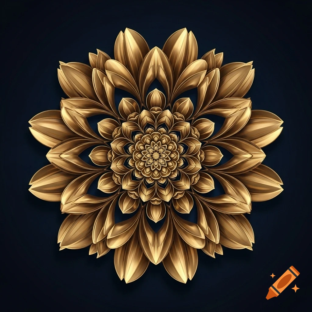 A highly detailed, symmetrical metallic gold dahlia mandala against a dark background.