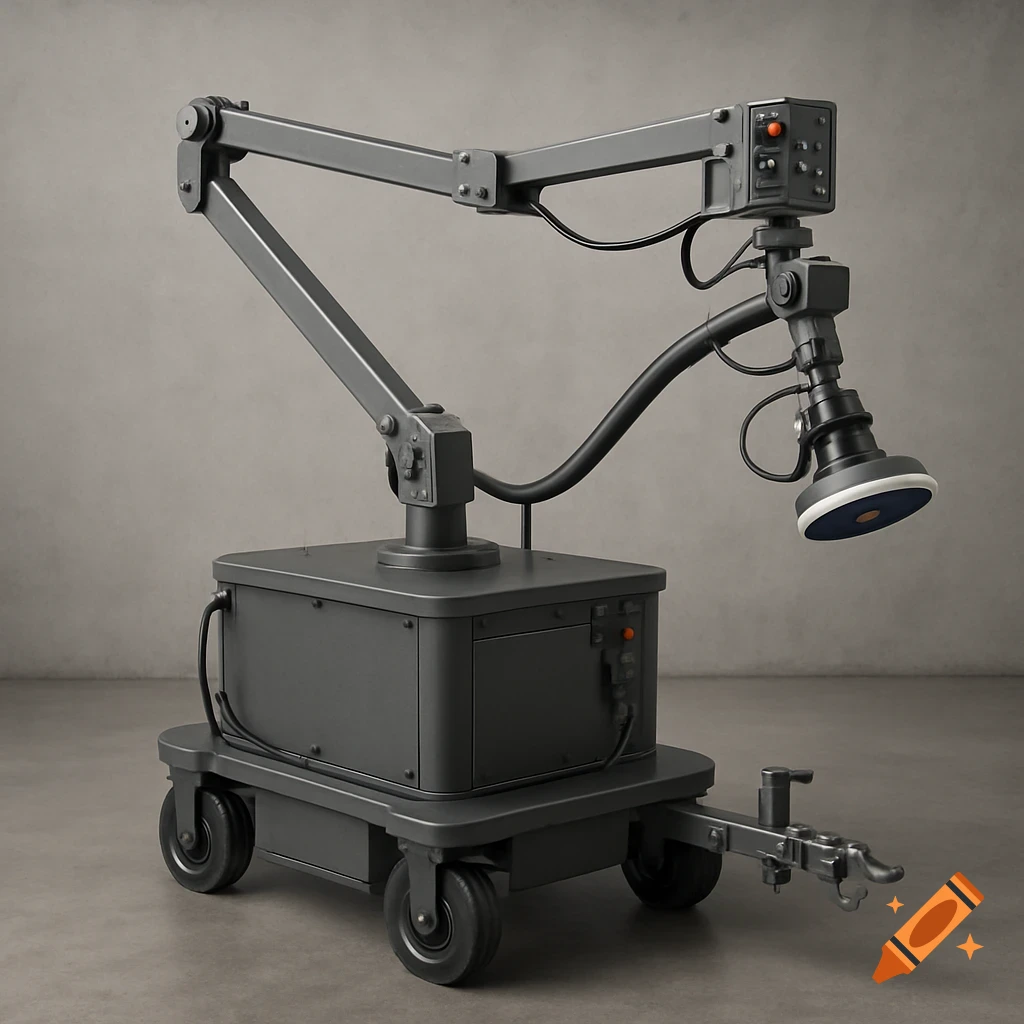 A gray mobile robotic arm with a polishing head on a wheeled cart, against a concrete background.