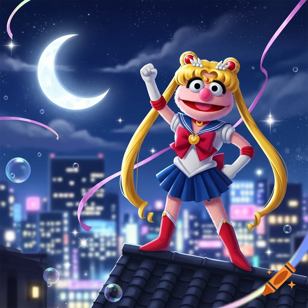 A pink Muppet with wide eyes and an orange nose, dressed as Sailor Moon, stands on a dark city rooftop under a crescent moon at night, striking a heroic pose with one fist raised. Bubbles float around and pink ribbons trail in the night sky.