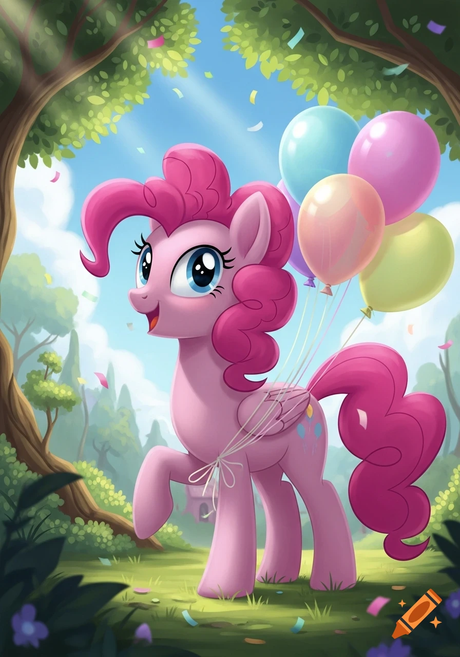 Pinkie Pie, a pink pony from My Little Pony, smiles while holding colorful balloons in a vibrant forest with confetti.