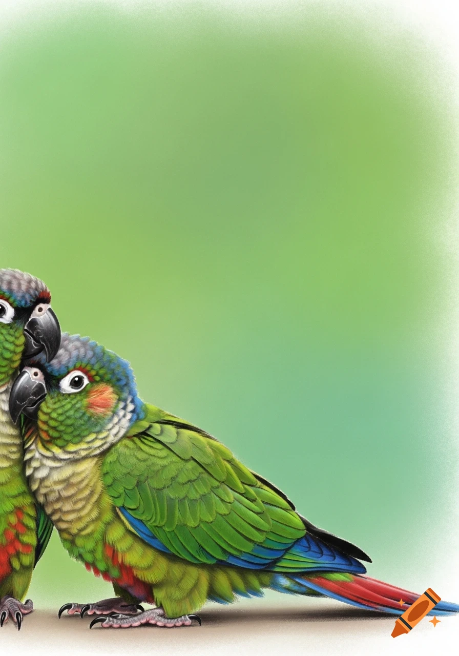 Soft pastel artwork of two green conure parrots, cuddled together at the bottom of a green gradient background.