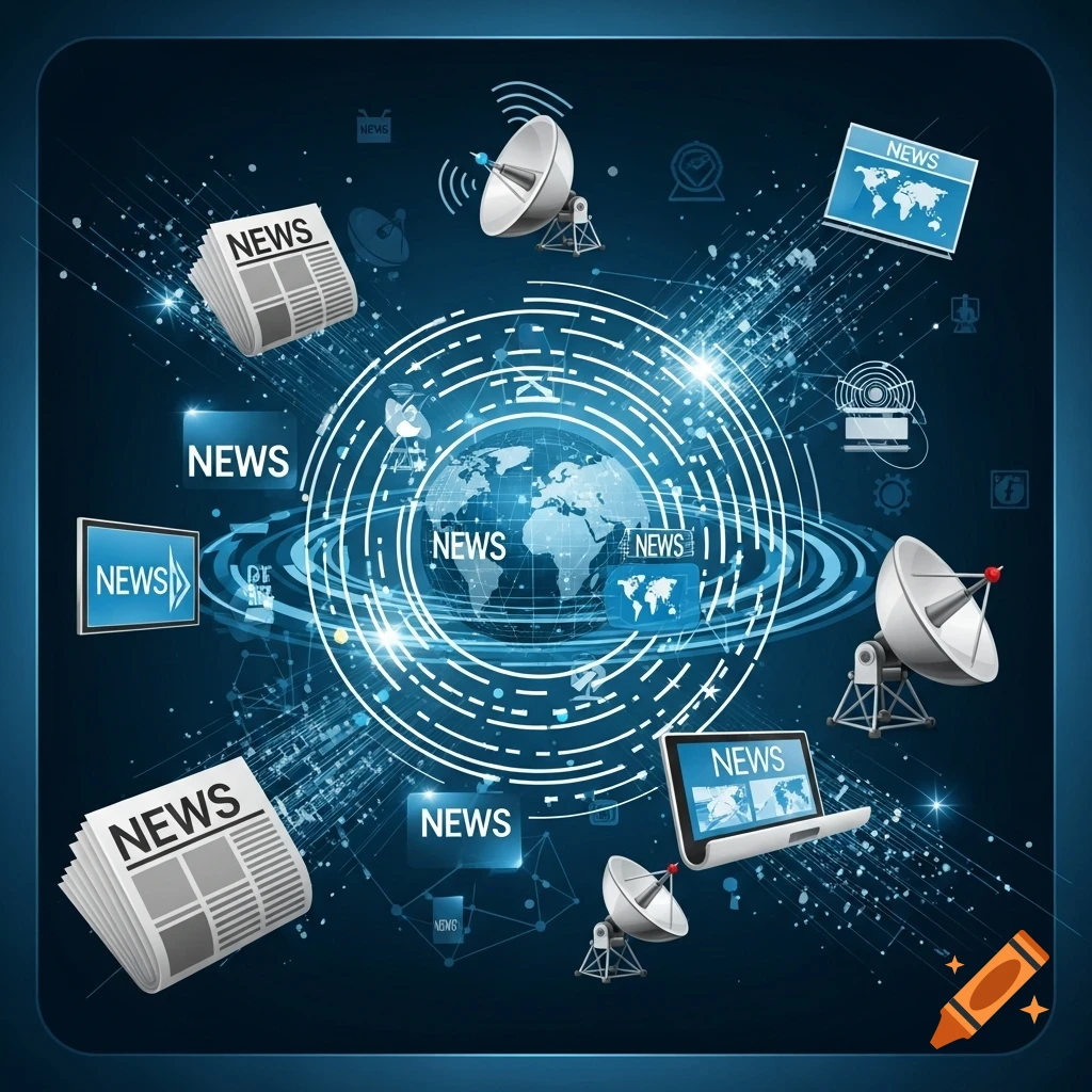 Digital illustration of a globe with concentric circles and data streams, surrounded by news and communication icons like newspapers, satellite dishes, and monitors on a blue background.