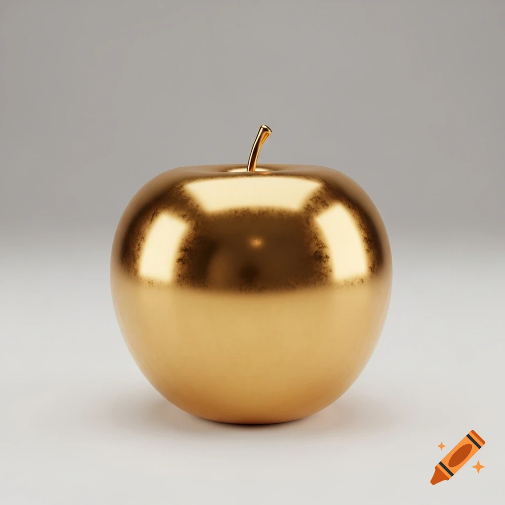 A photorealistic golden apple with a shiny, reflective surface sits against a light grey background.