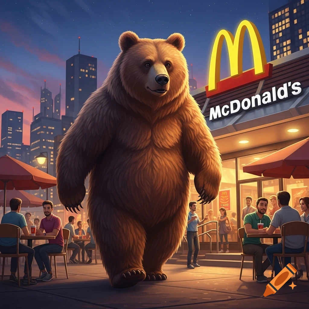 A huge brown bear walks past outdoor diners toward a McDonald's restaurant in a city at dusk.