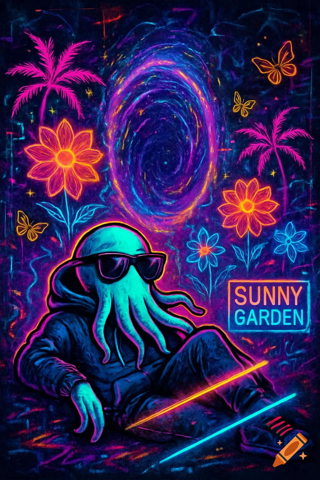A stylish octopus in sunglasses and a hoodie in a vibrant neon garden with glowing flora and a cosmic vortex, in a cyberpunk art style.