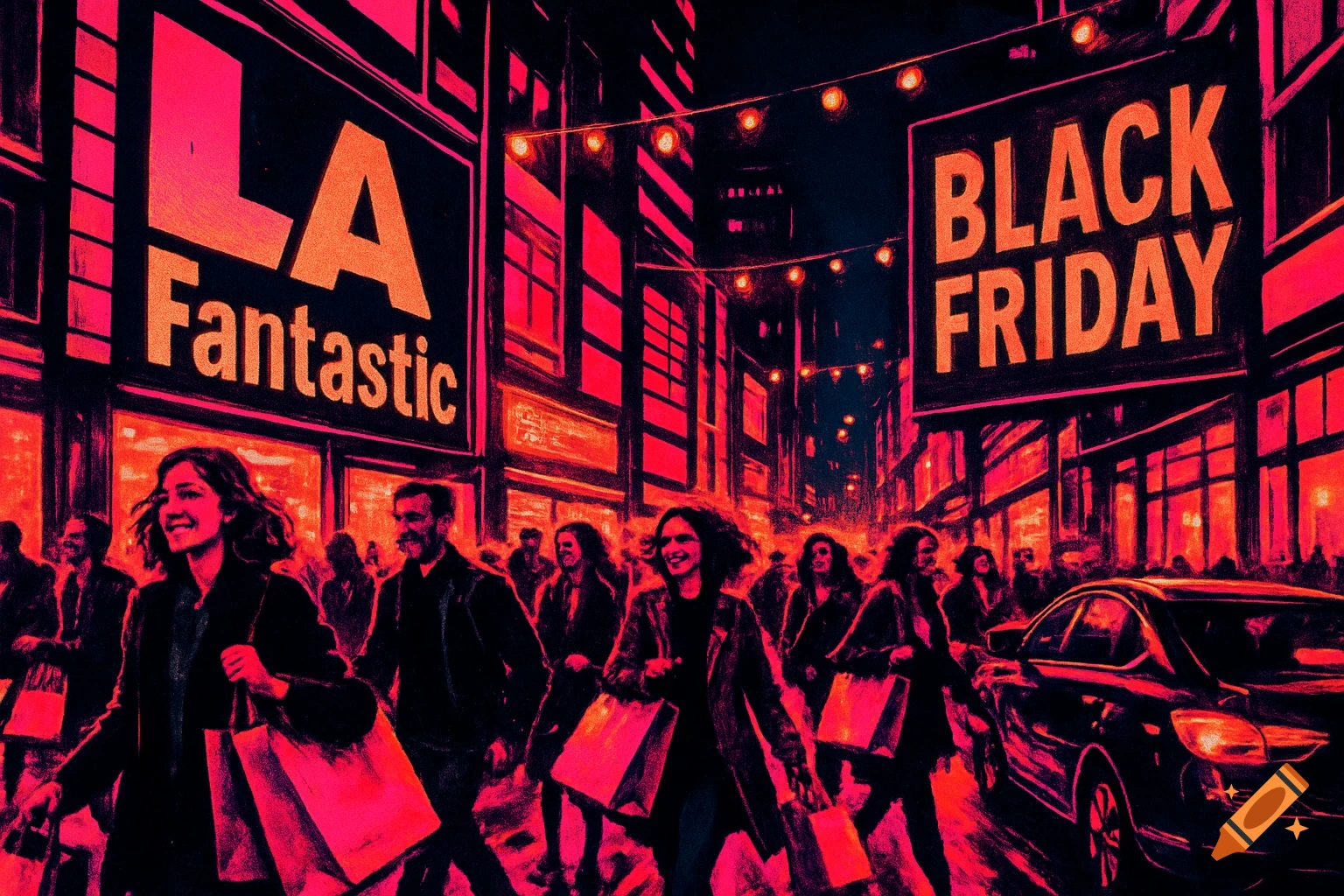 Stylized illustration of people shopping on a neon pink and black city street at night, with 'LA Fantastic' and 'BLACK FRIDAY' signs.
