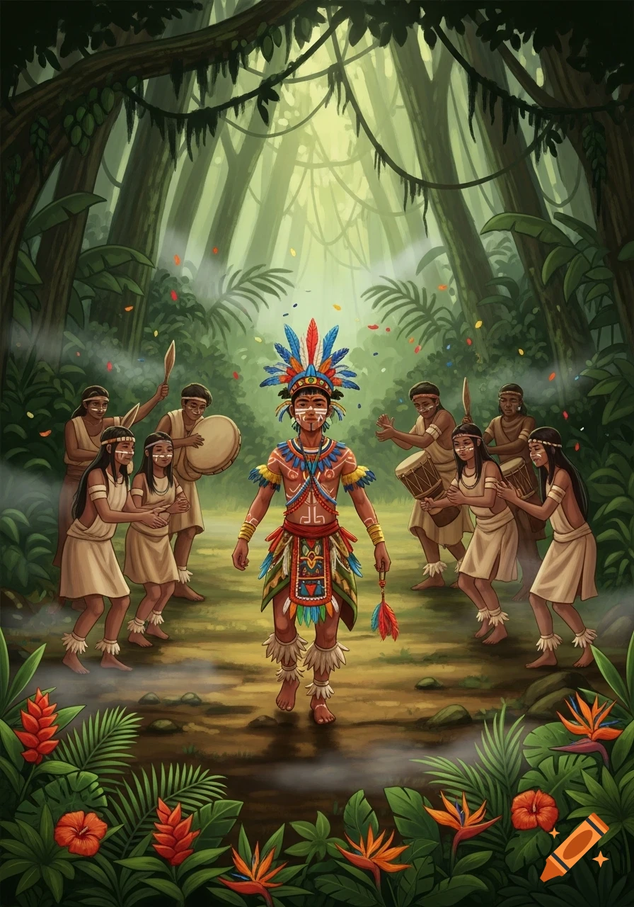 An illustrated scene of indigenous people in a vibrant jungle, featuring a central figure in colorful ceremonial attire surrounded by drummers and dancers.