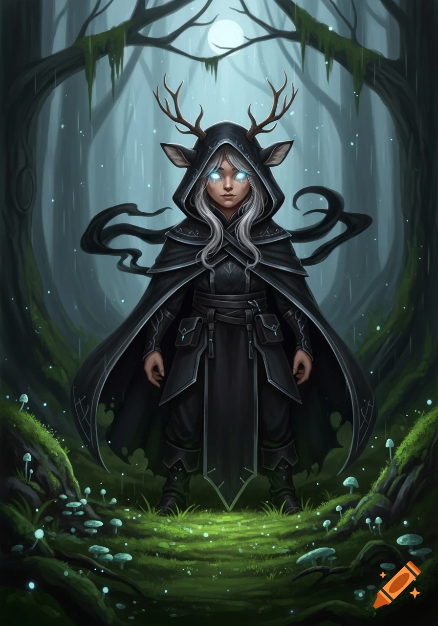 A fantasy character with white hair, glowing blue eyes, and small deer antlers, wearing a black hooded cloak in a dark, mossy forest.