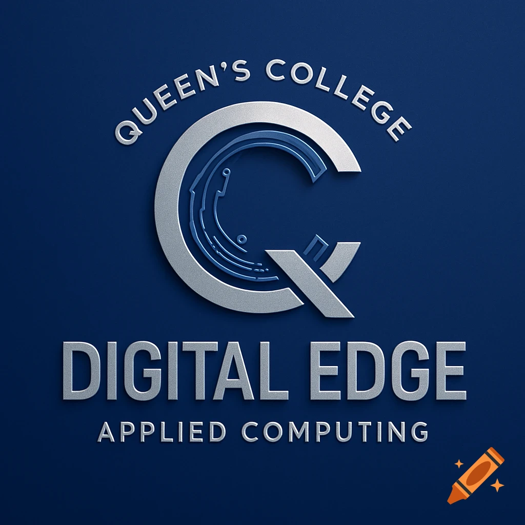 3D logo for Queen's College Digital Edge Applied Computing, featuring a silver 'C' and 'Q' with blue circuit patterns on a dark blue background.