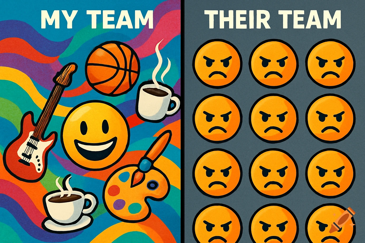 A cartoon split screen. Left side, 'MY TEAM', shows a happy emoji with a guitar, basketball, coffee, and paint palette on a colorful background. Right side, 'THEIR TEAM', shows many angry emojis on a grey background.