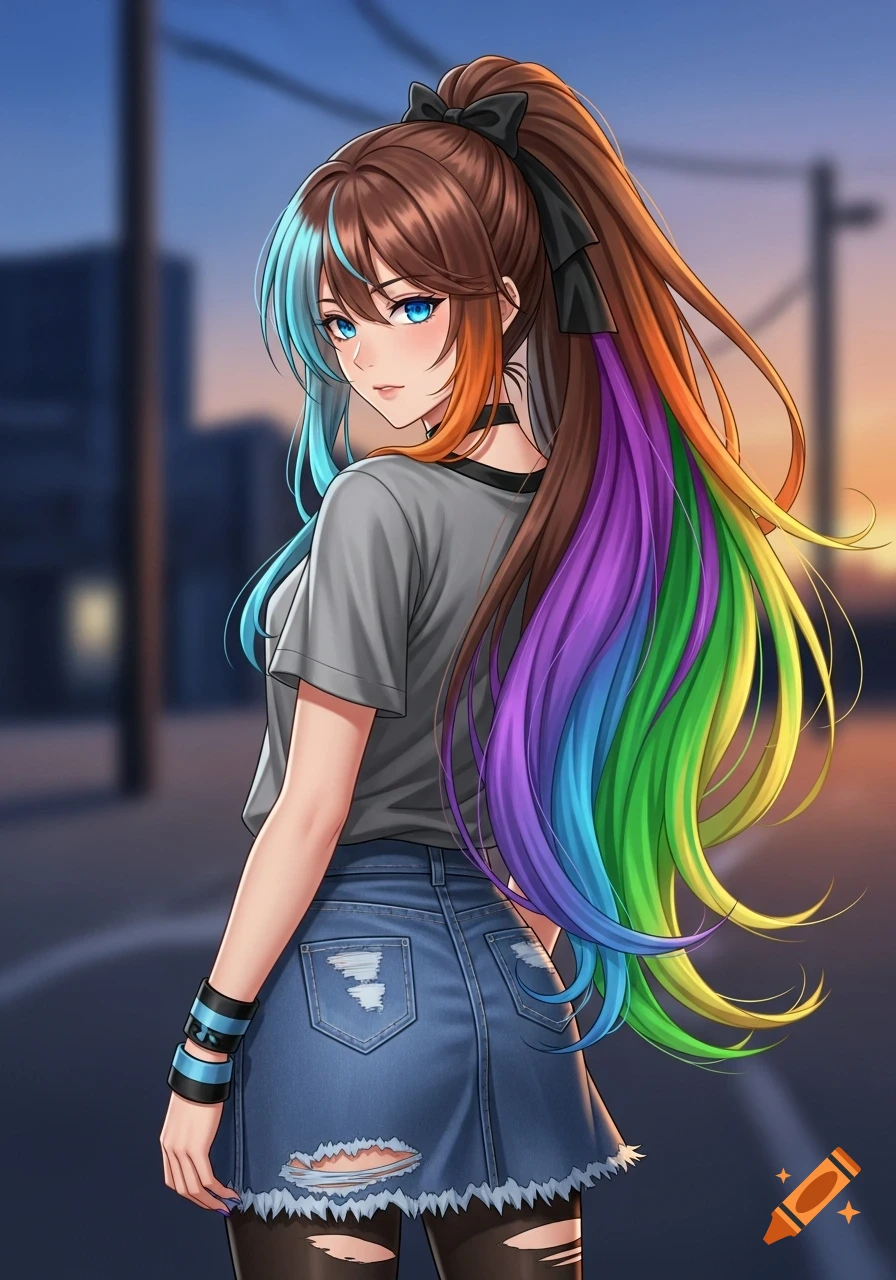 An anime girl with brown hair and colorful streaks, wearing a grey t ...