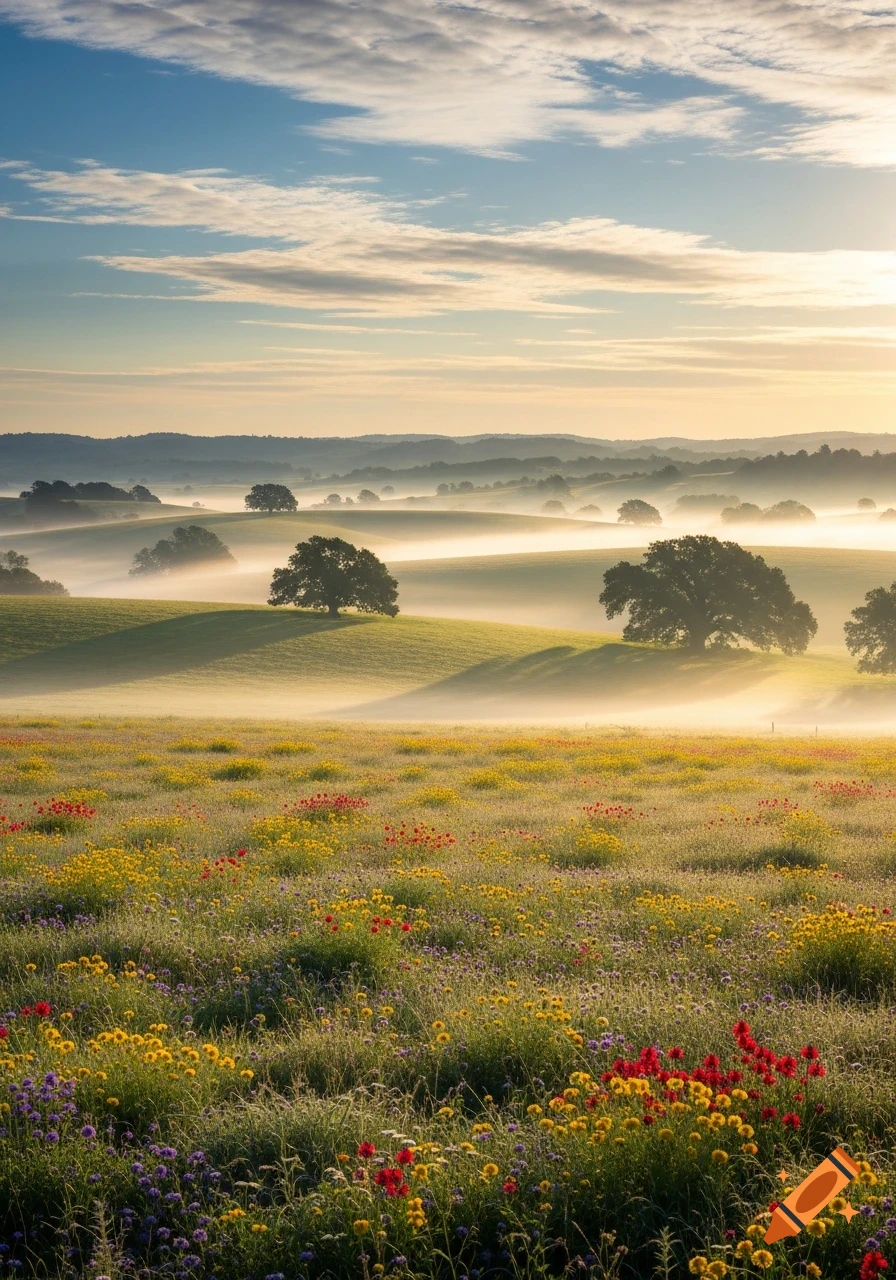 A vibrant field of red, yellow, and purple wildflowers in the foreground, with mist-shrouded green rolling hills and trees under a sunrise sky.
