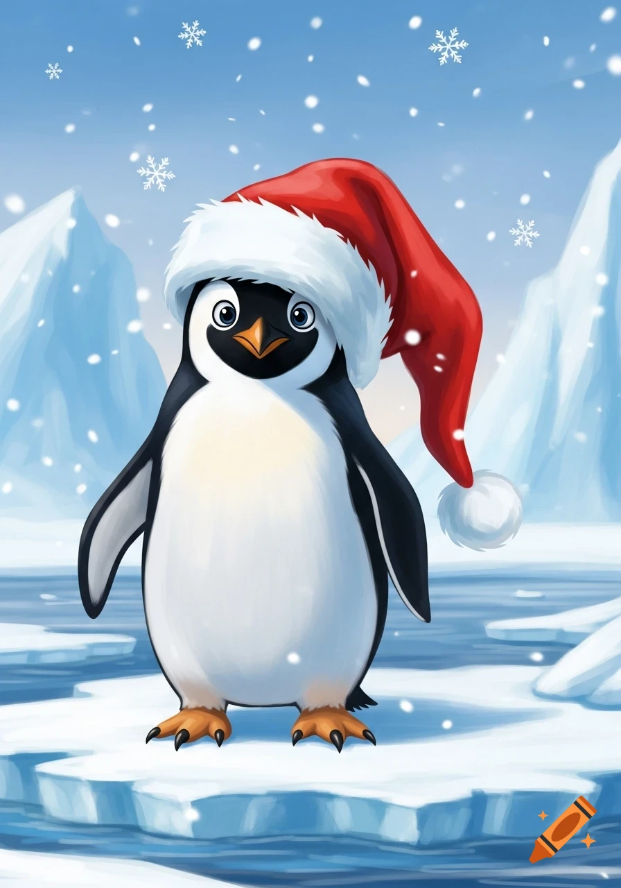 A cute cartoon penguin wearing a red Santa hat stands on an ice floe with snow falling around it.