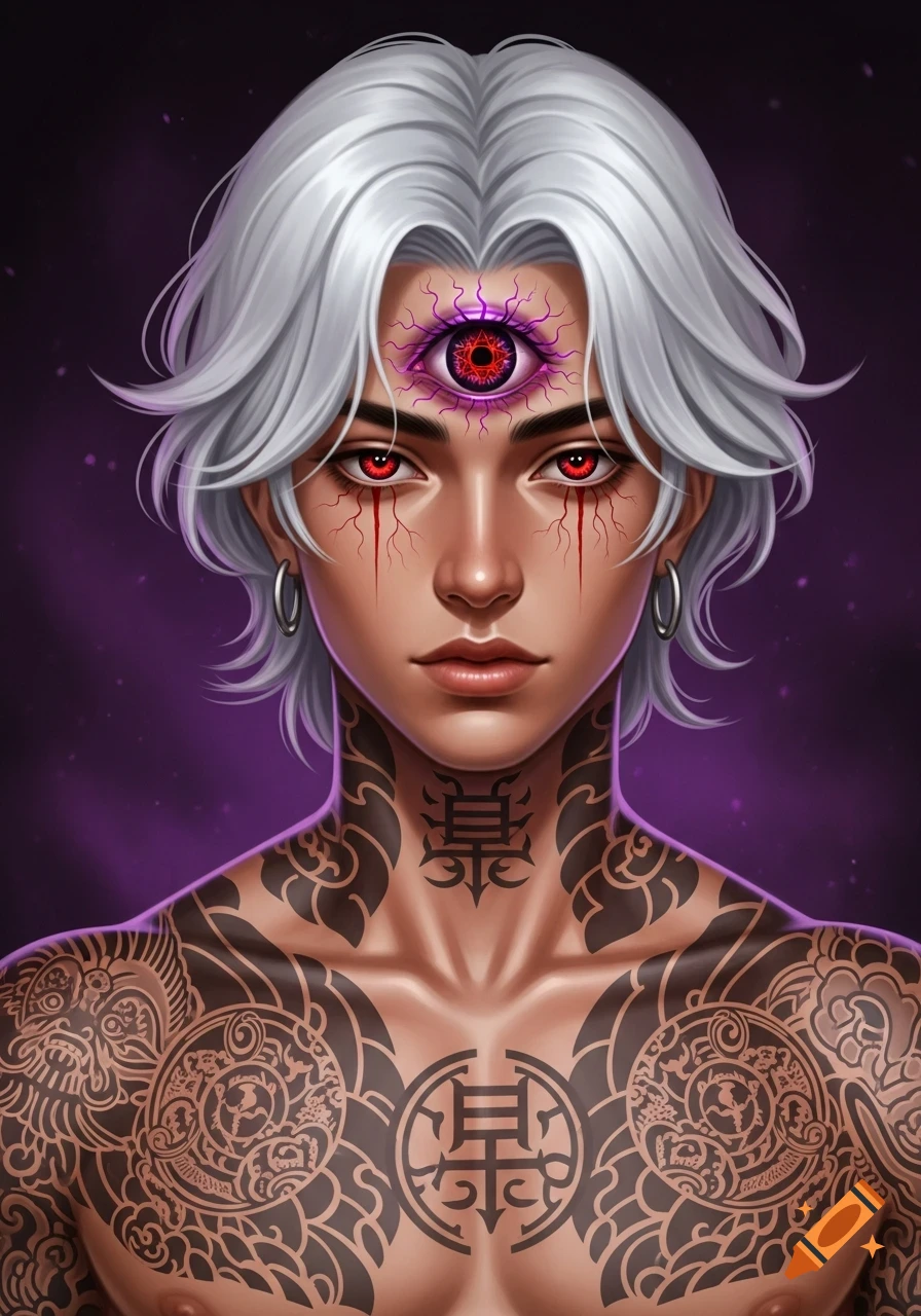 A stylized portrait of a person with white hair, red glowing eyes with blood-like streaks, a third eye on their forehead, and intricate full-body tattoos, against a purple background.