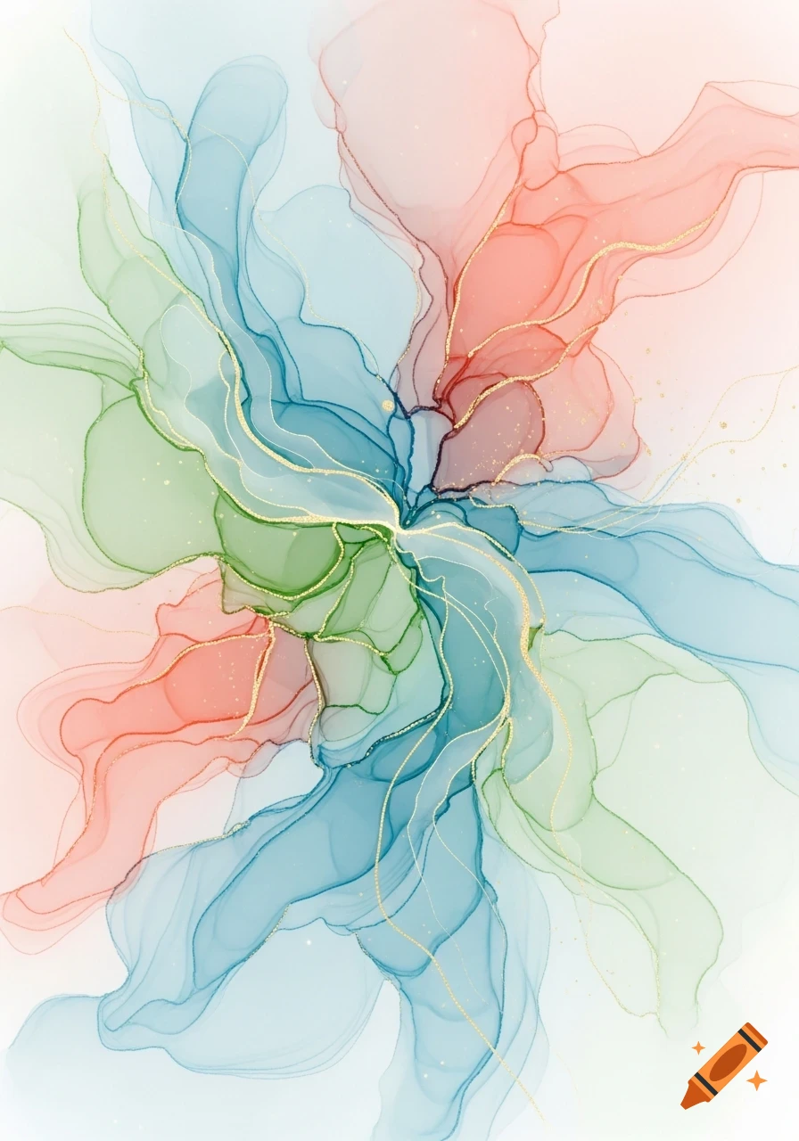 Vibrant abstract fluid art with flowing translucent shapes in teal, green, and coral, accented with shimmering gold lines.