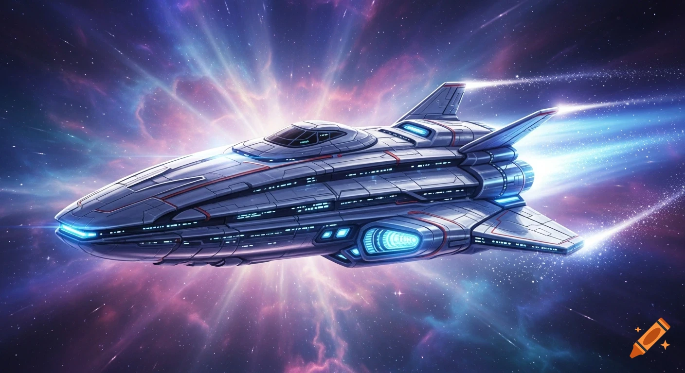 A sleek, futuristic silver spaceship with blue lights flying through a vibrant purple and blue nebula.