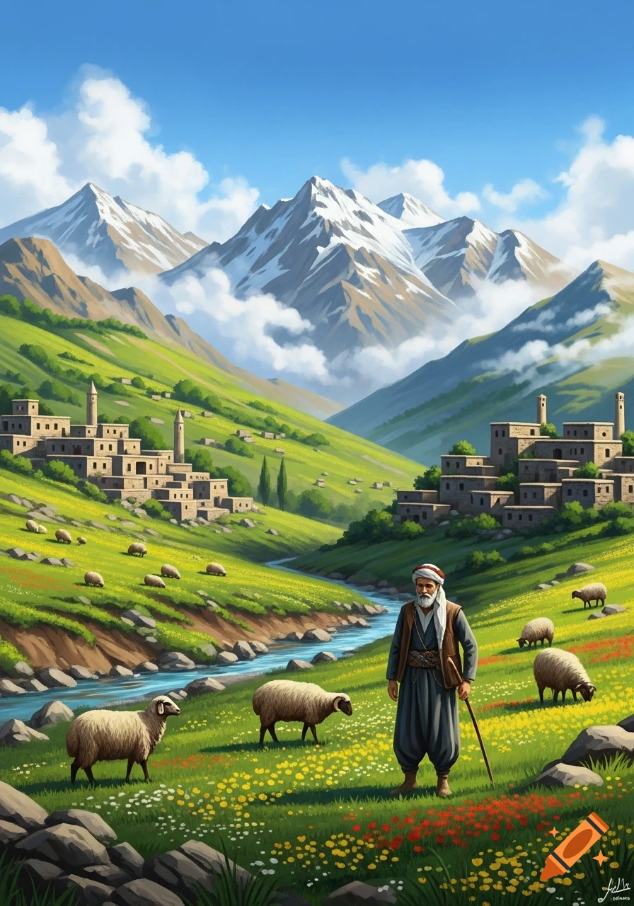 An illustrated shepherd with sheep in a green valley, featuring traditional villages, a river, and snow-capped mountains.